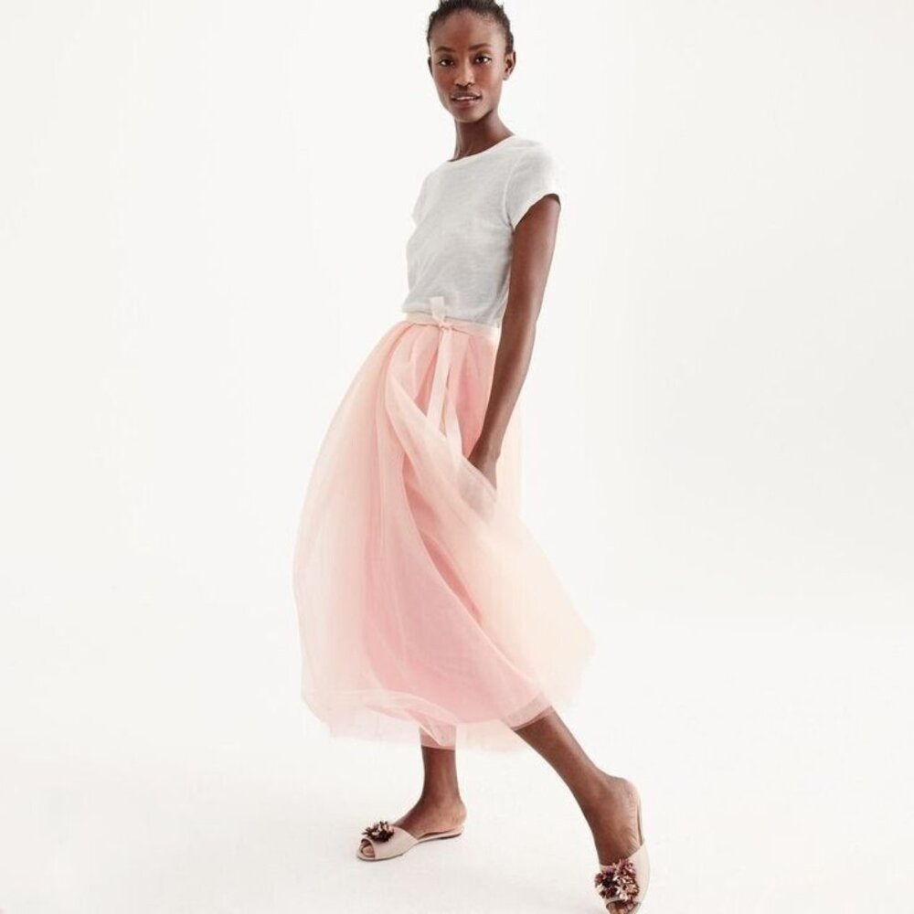 NWT J.Crew Tulle Ball Skirt in Pale Buff Pink Pleated Ribbon Belt A-line Maxi 4